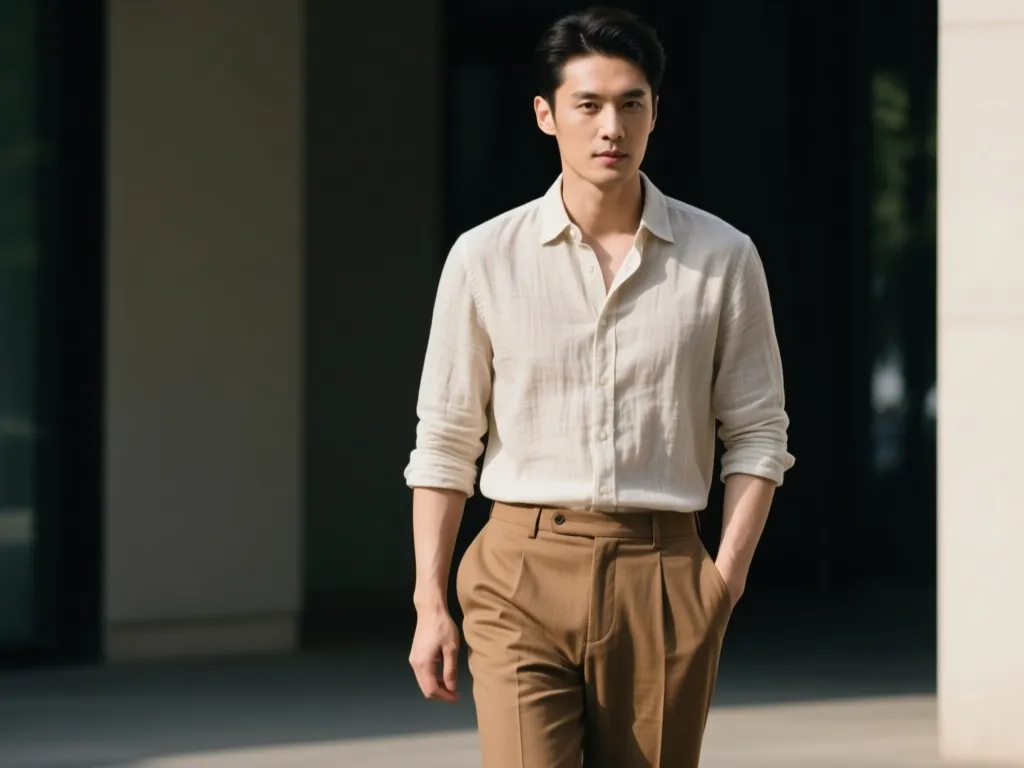 5. Linen Shirt And Tan Trousers - business casual outfit ideas for men